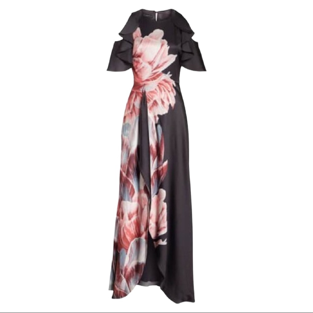 Ted Baker Black One-Shoulder Maxi Dress with Pink Floral Paneling